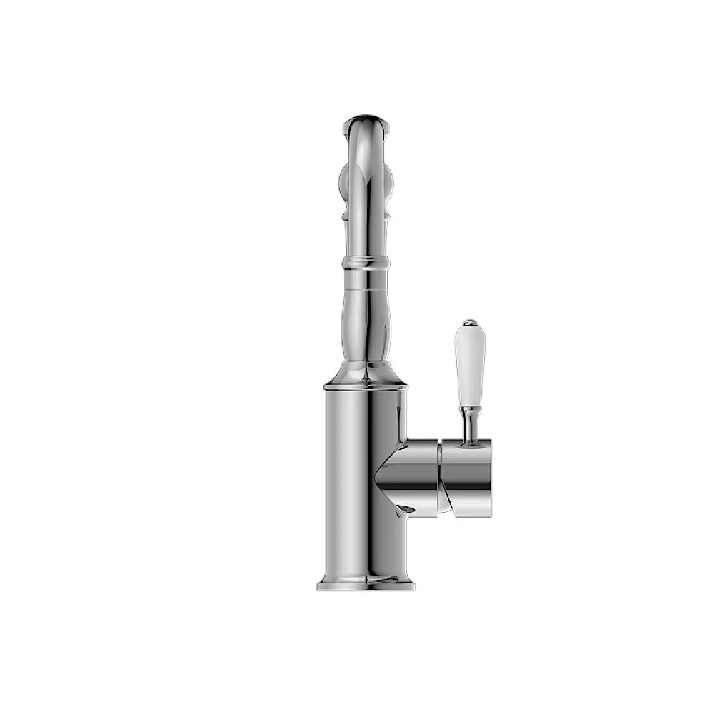 Nero York Basin Mixer Hook Spout With White Porcelain Lever Chrome NR69210201CH