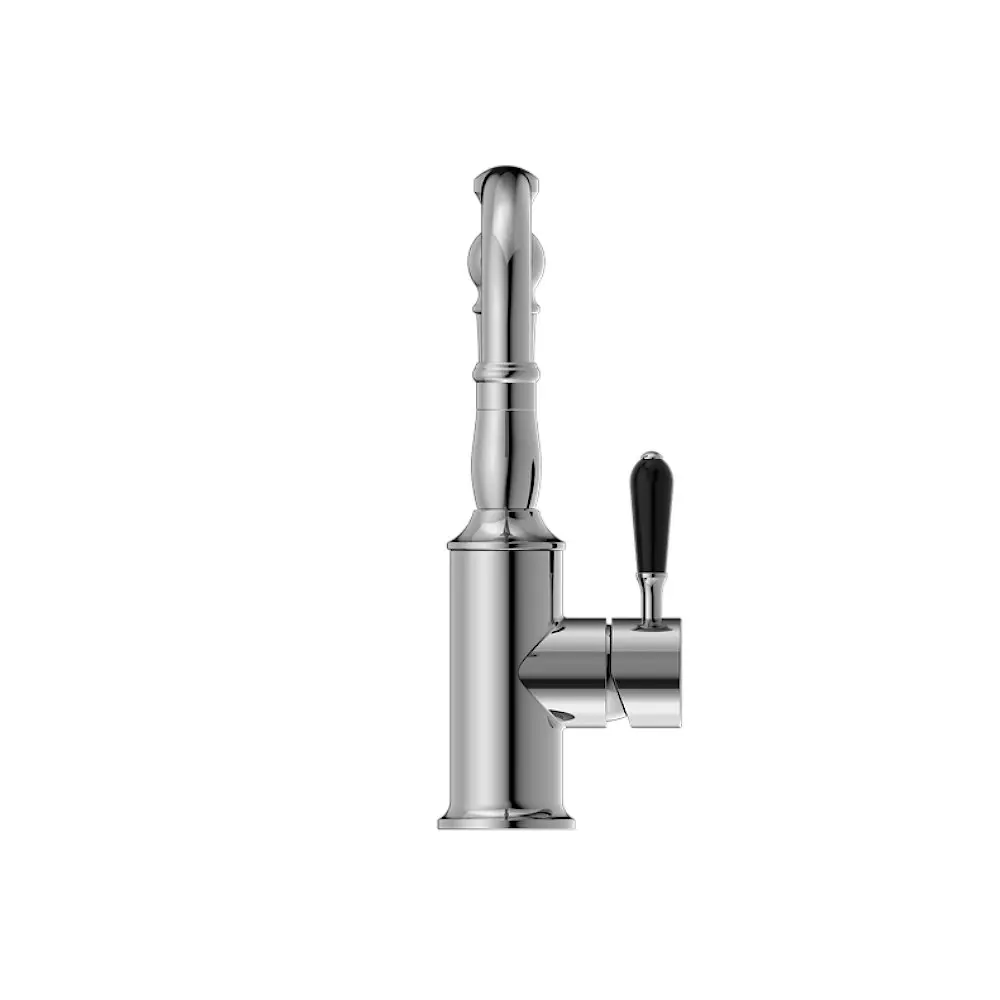 Nero York Basin Mixer Hook Spout With Black Porcelain Lever Chrome NR69210203CH