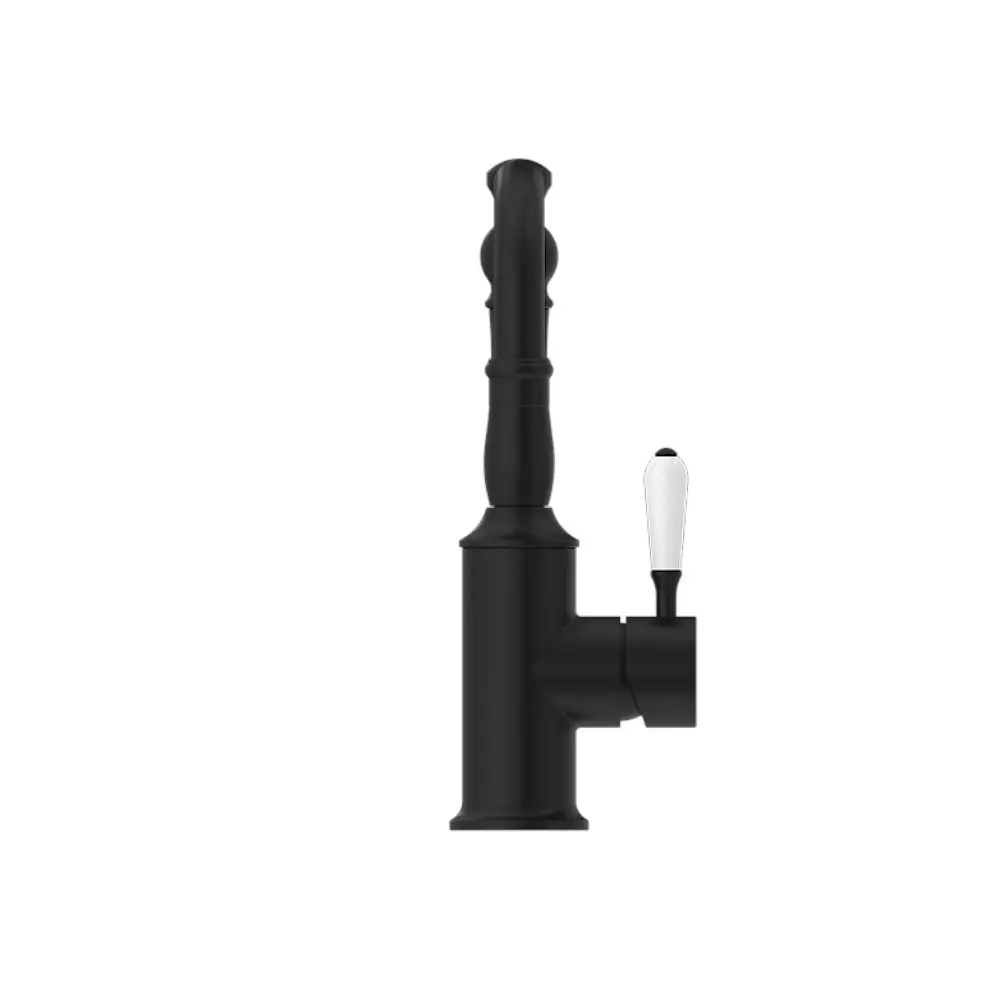 Nero York Basin Mixer Hook Spout With White Porcelain Lever Matte Black NR69210201MB