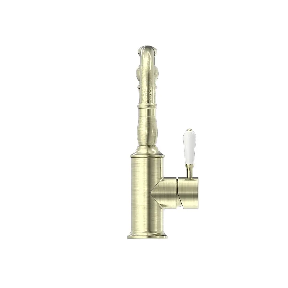 Nero York Basin Mixer Hook Spout With White Porcelain Lever Aged Brass NR69210201AB