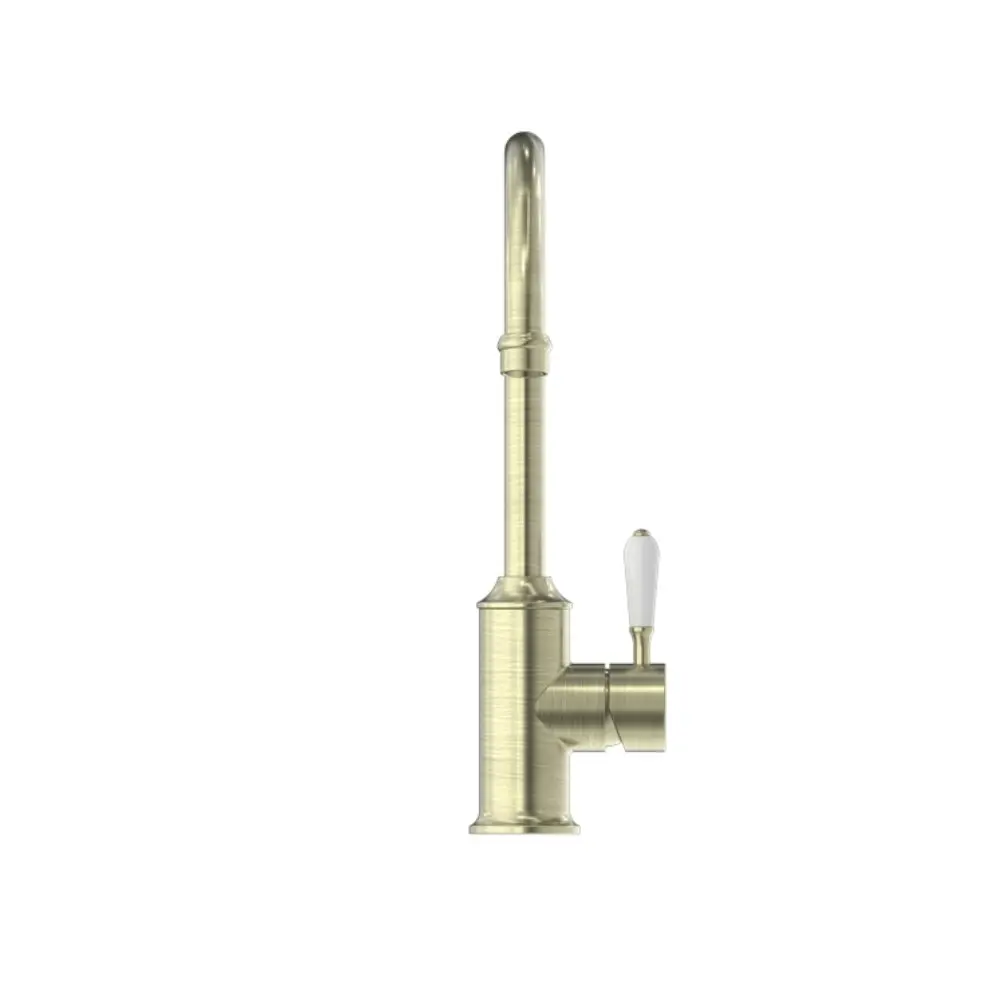 Nero York Kitchen Mixer Gooseneck Spout with White Porcelain Lever Aged Brass NR69210601AB