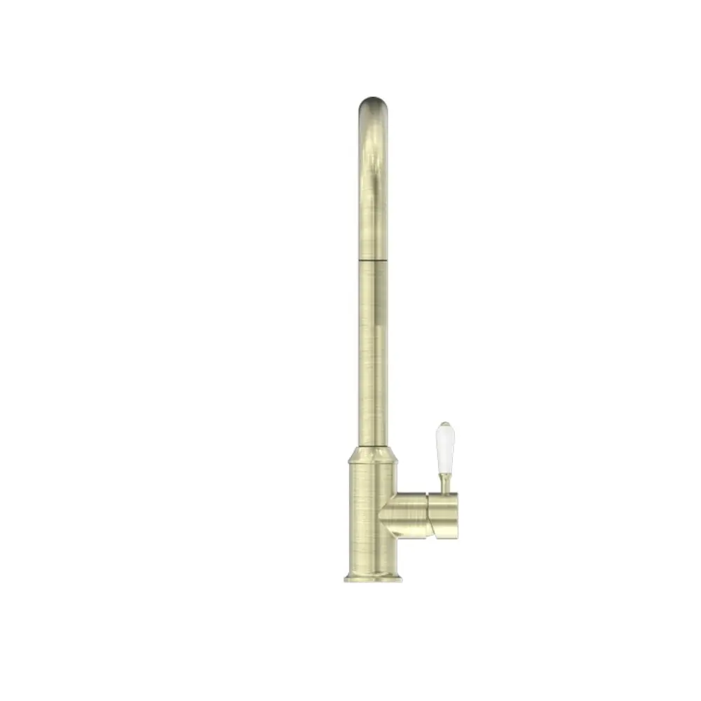 Nero York Pull Out Sink Mixer with Vegie Spray Function with White Porcelain Lever Aged Brass NR69210801AB