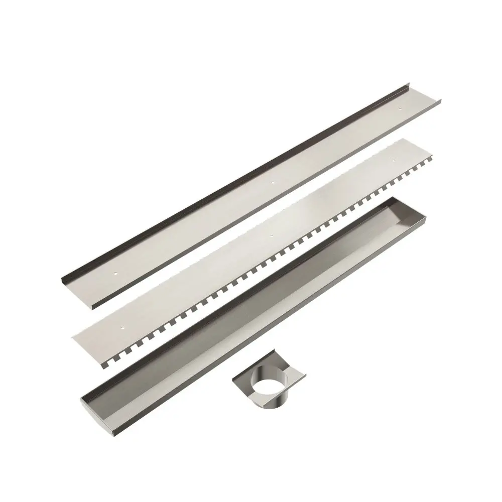 Nero Tile Insert V Channel 900mm Long Floor Grate 89mm Outlet With Hole Saw Brushed Nickel NRFG001HSBN