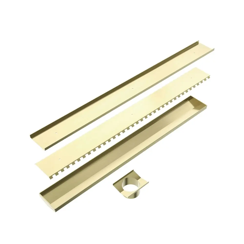 Nero Tile Insert V Channel 900mm Long Floor Grate 89mm Outlet With Hole Saw Brushed Gold NRFG001HSBG