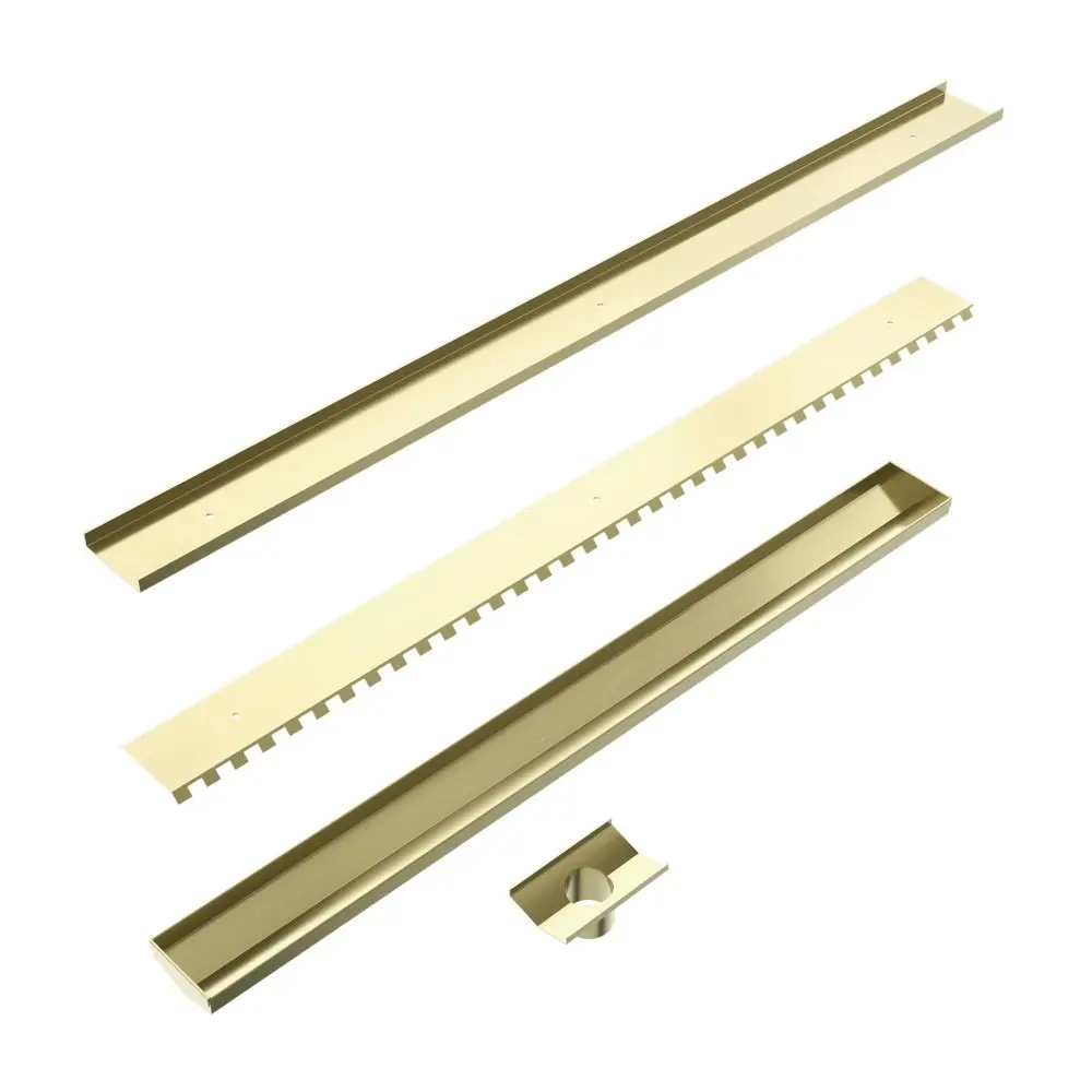 Nero Tile Insert V Channel 900mm Floor Grate 50mm Outlet With Hole Saw Brushed Gold NRFG002HSBG