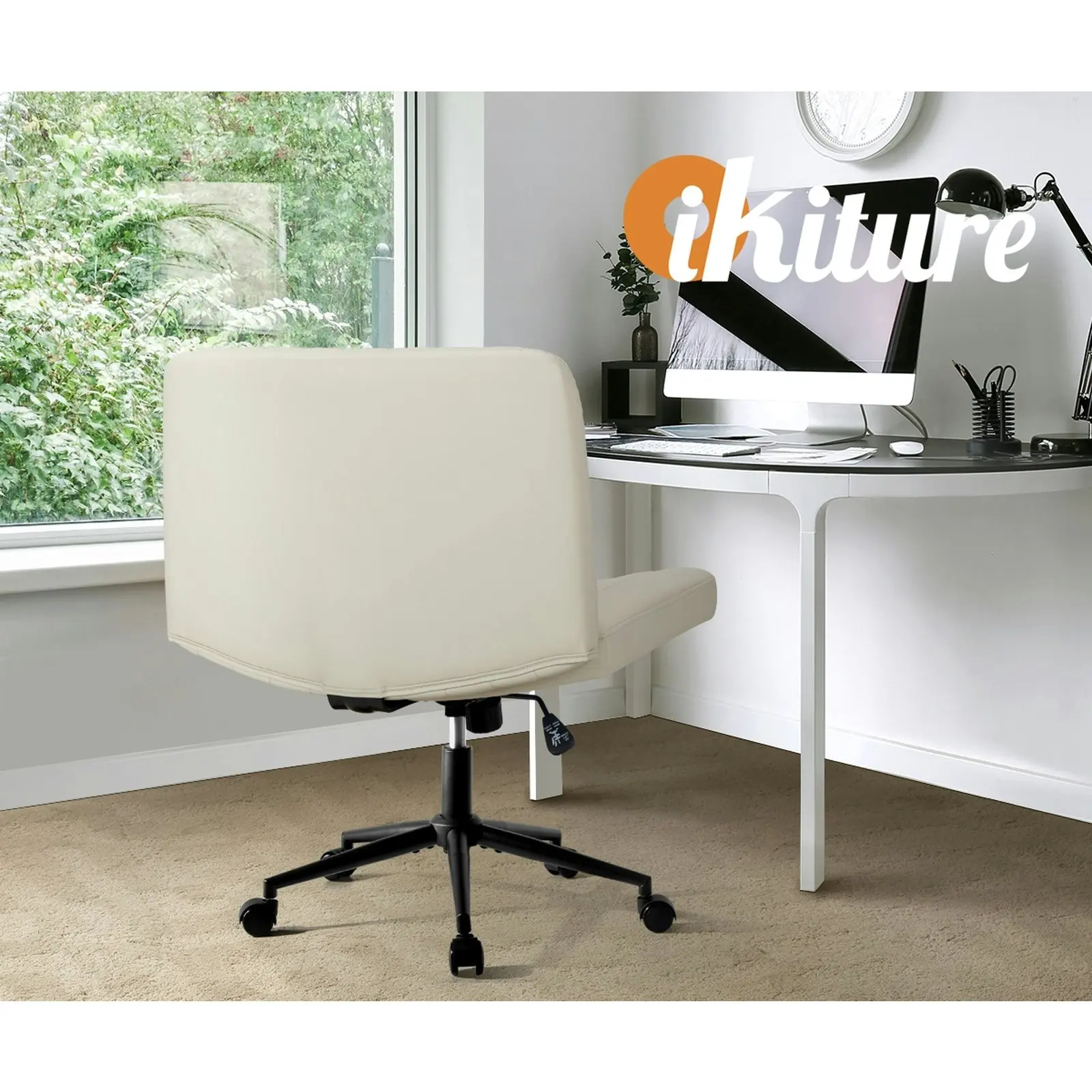 Oikiture Mid Back Armless Office Desk Chair Wide Seat with Wheels Leather Beige