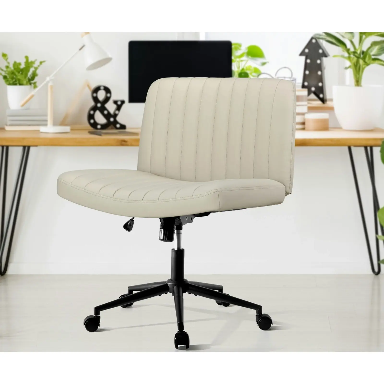 Oikiture Mid Back Armless Office Desk Chair Wide Seat with Wheels Leather Beige