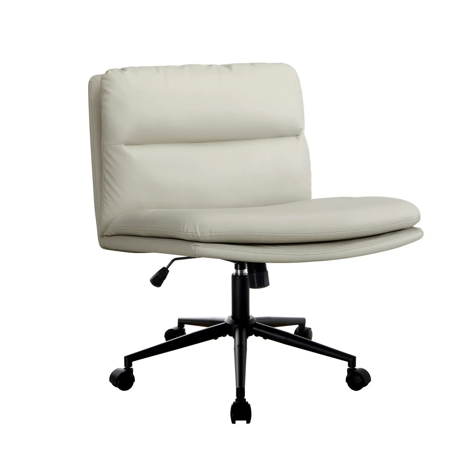 Oikiture Mid Back Armless Office Desk Chair Wide Seat Leather Beige with Wheels