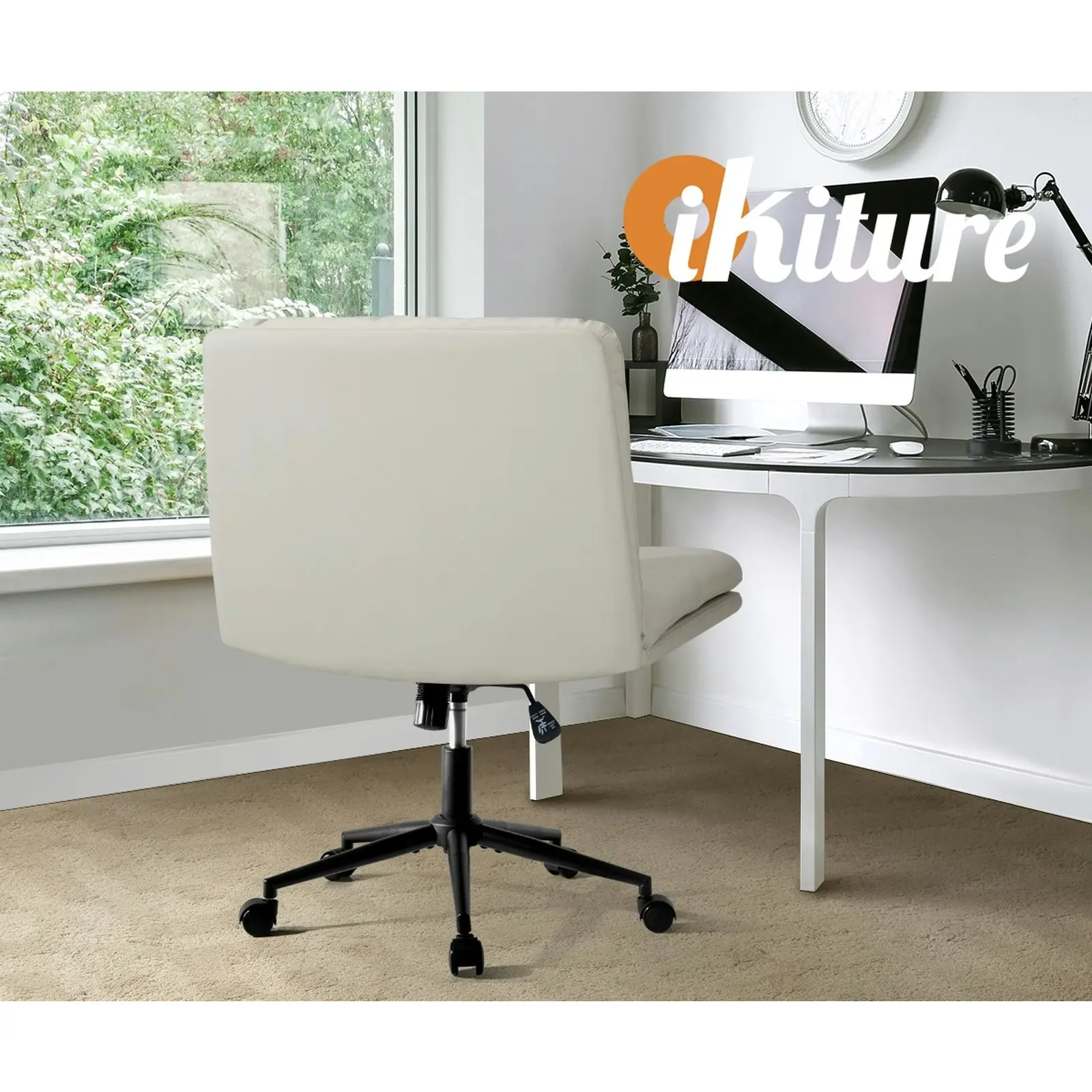 Oikiture Mid Back Armless Office Desk Chair Wide Seat Leather Beige with Wheels