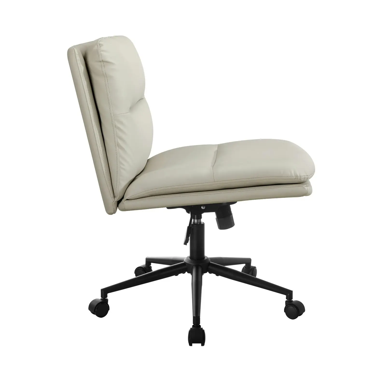 Oikiture Mid Back Armless Office Desk Chair Wide Seat Leather Beige with Wheels