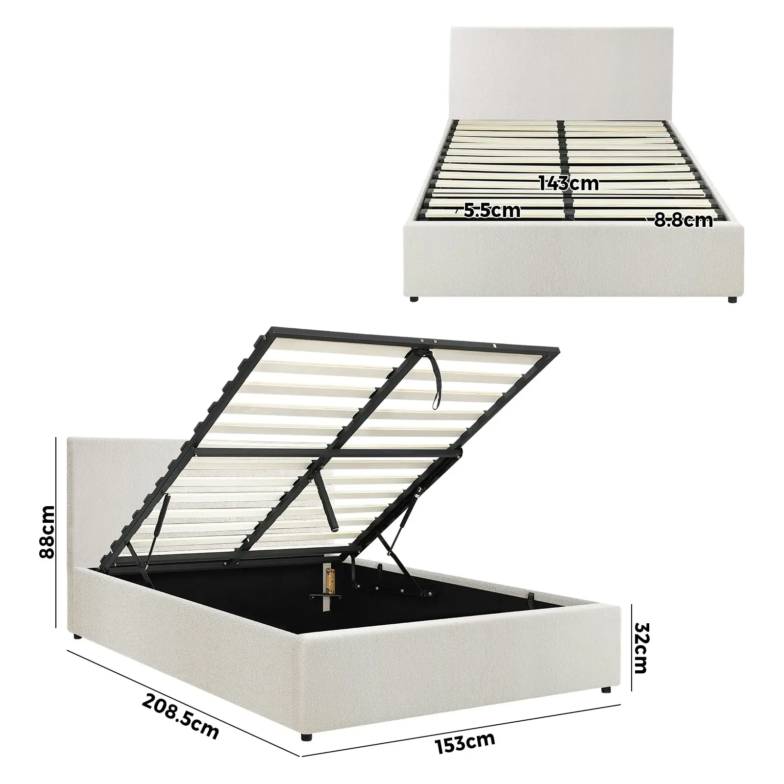 Oikiture Bed Frame Queen Size Gas Lift White Boucle