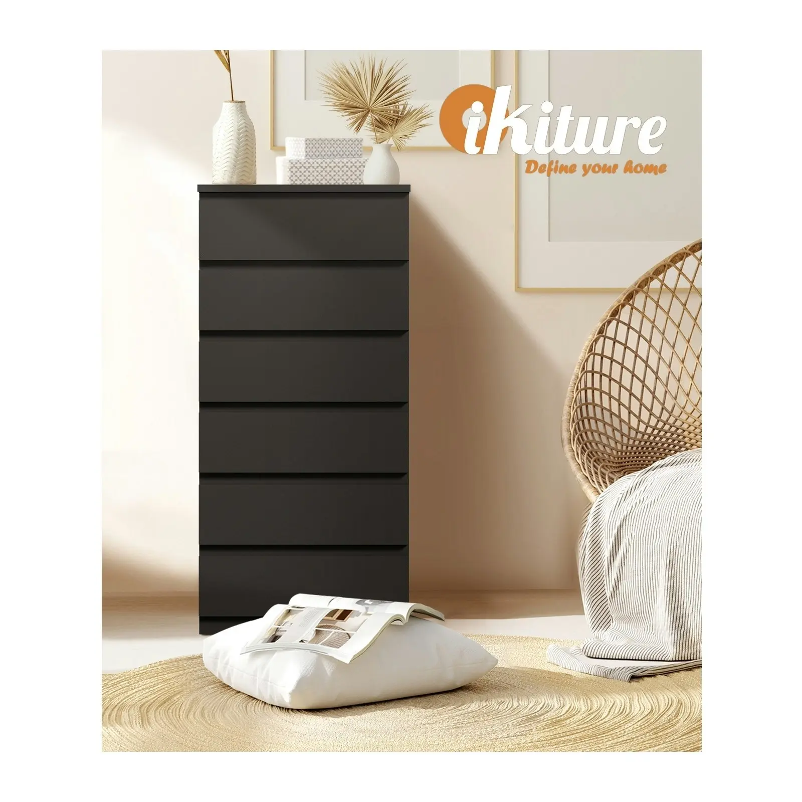 Oikiture 6 Chest of Drawers Tallboy Dresser Table Storage Cabinet Bedroom Black