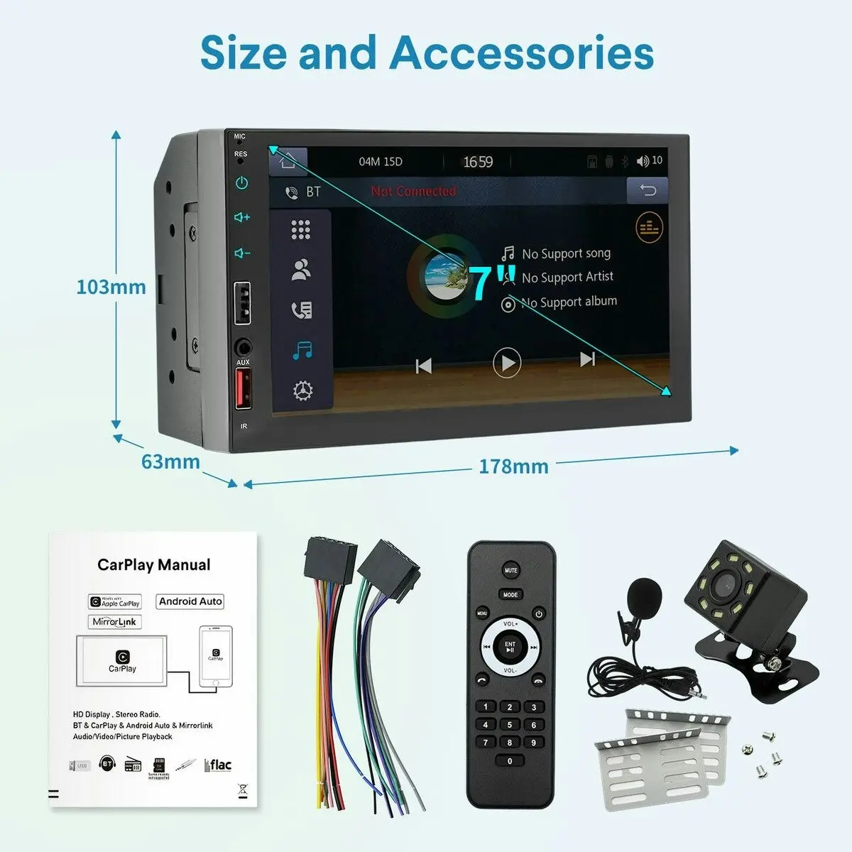 Ausway 7inch Double Din Car Stereo Radio Android Player Apple CarPlay Bluetooth Head Unit System Touch Screen Navigation