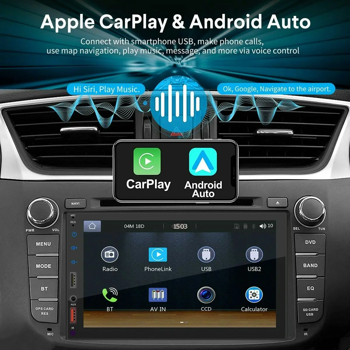 Ausway 7inch Double Din Car Stereo Radio Android Player Apple CarPlay Bluetooth Head Unit System Touch Screen Navigation