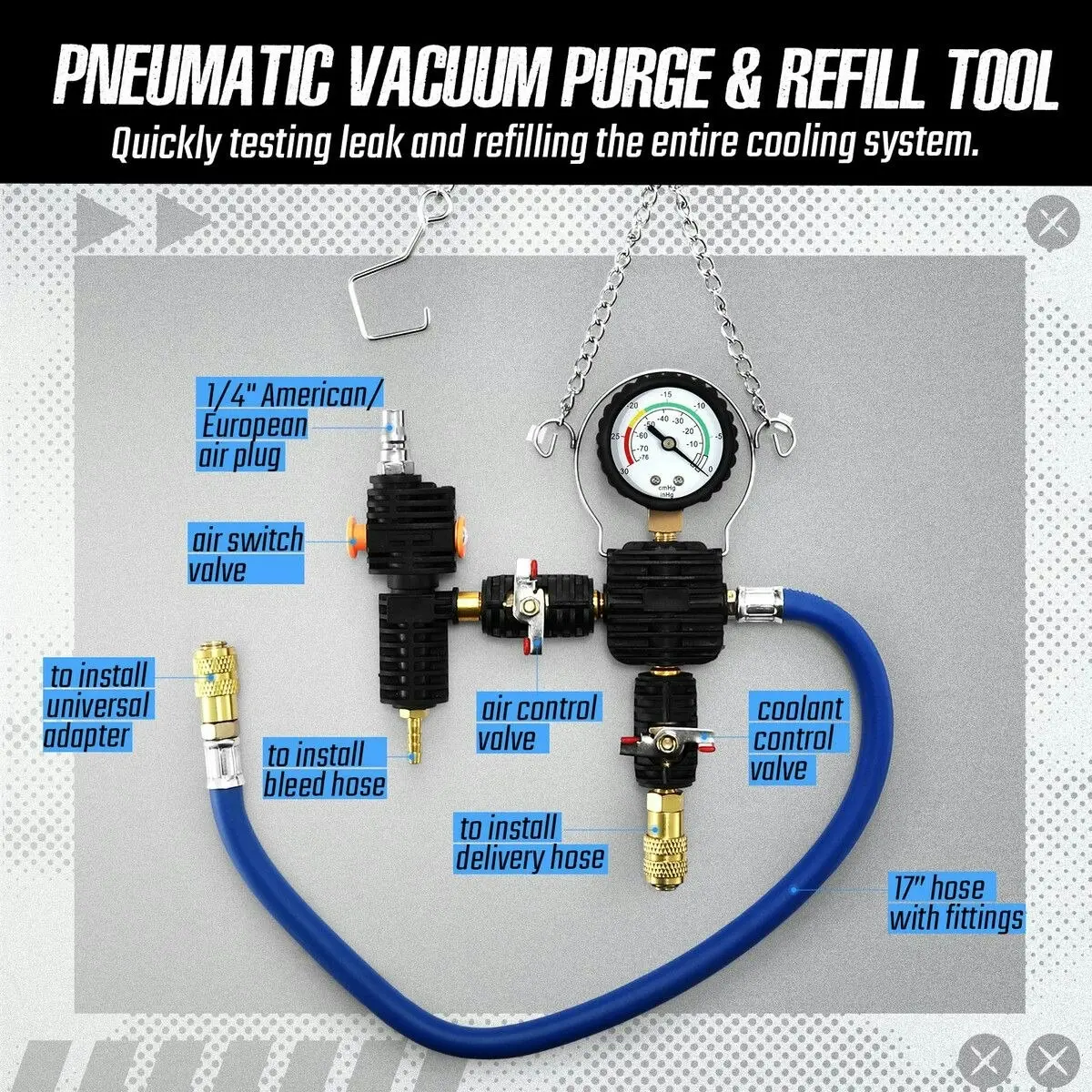 Ausway Coolant System Refiller Kit Car Cooling Pneumatic Vacuum Purge Radiator Filling Hose Tool Set Universal Leak Tester Adapter