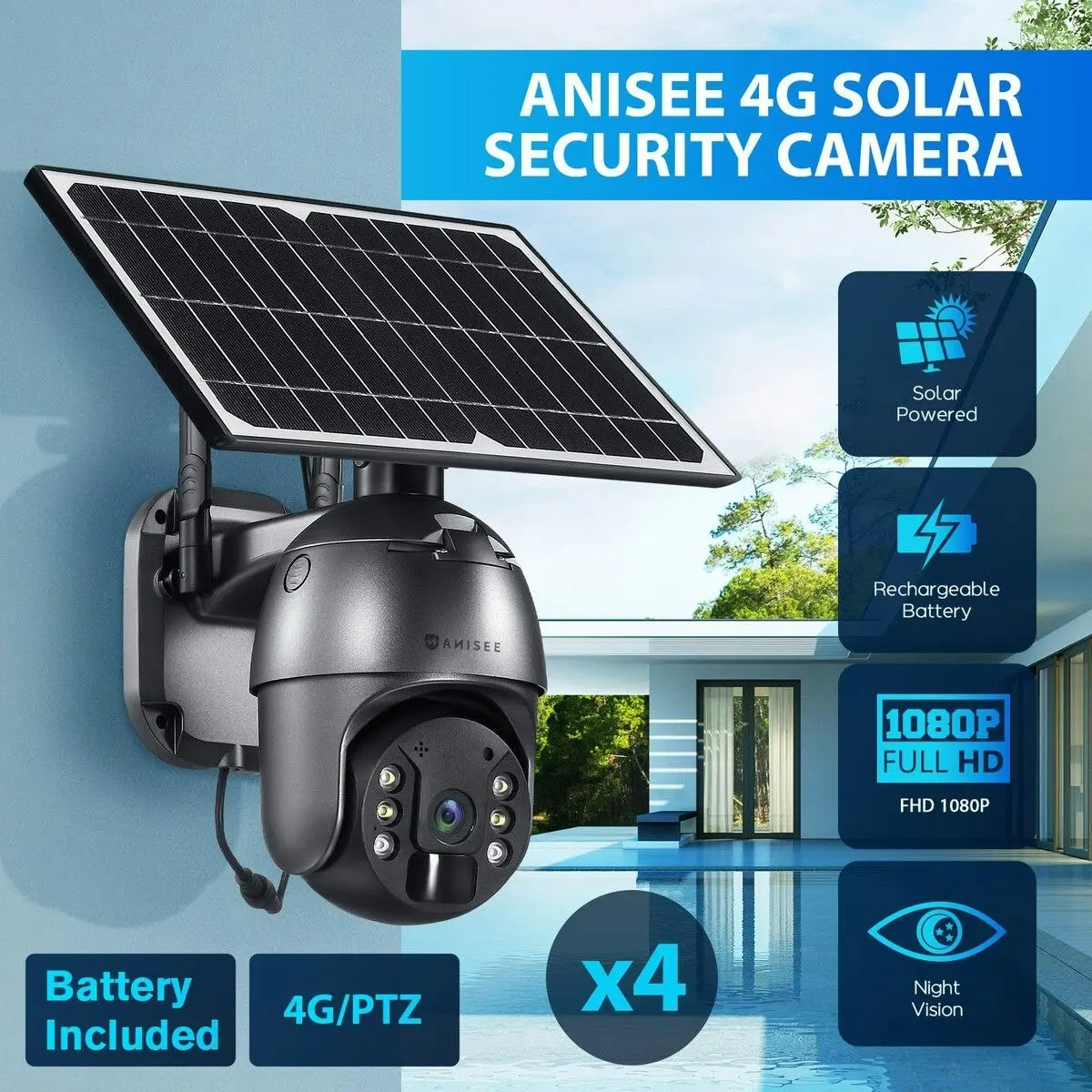 Maxkon PTZ Security Camera 4G LTE CCTV Spy Wireless Wifi Home Surveillance System Outdoor With Solar Panel Battery SIM Card x4