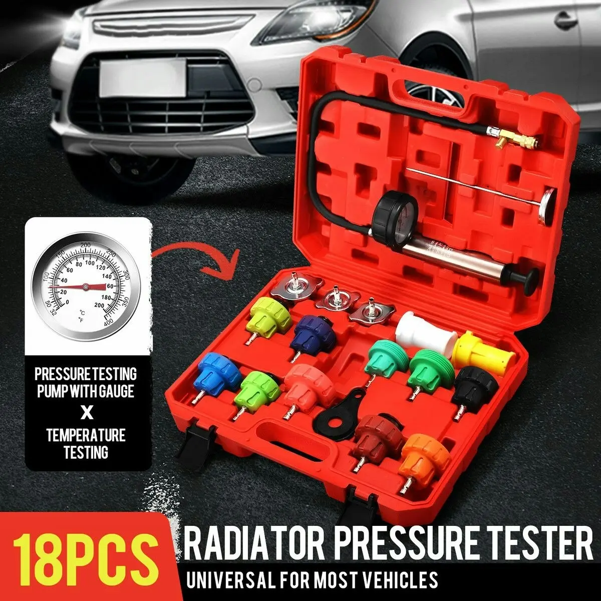 Ausway 18 Piece Radiator Pressure Tester Kit Leak Detector Universal Automotive Coolant Car Cooling System Adapter Toolbox