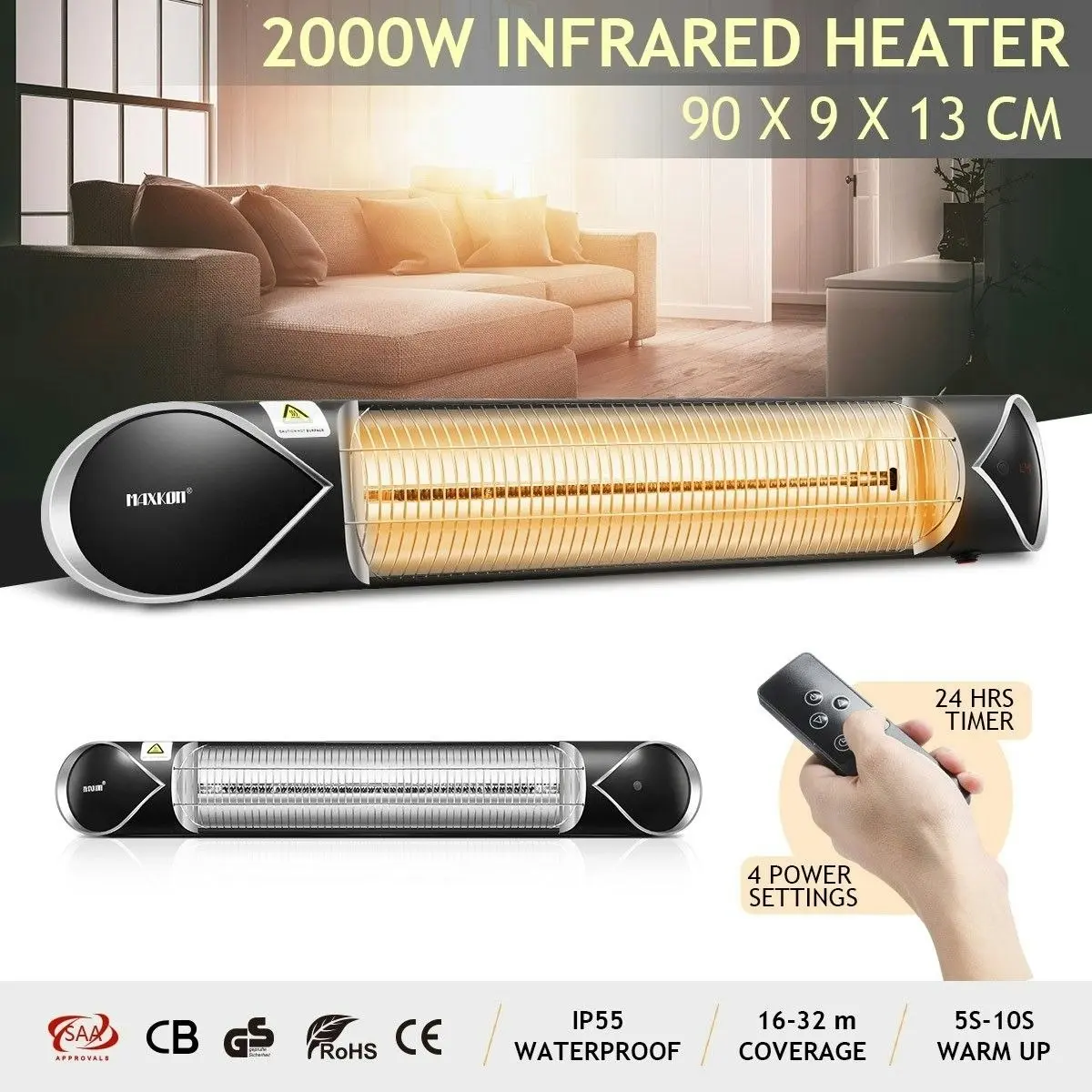 Maxkon  2000W Carbon Fibre Infrared Heater Instant Heat Electric Patio Outdoor Strip Heater