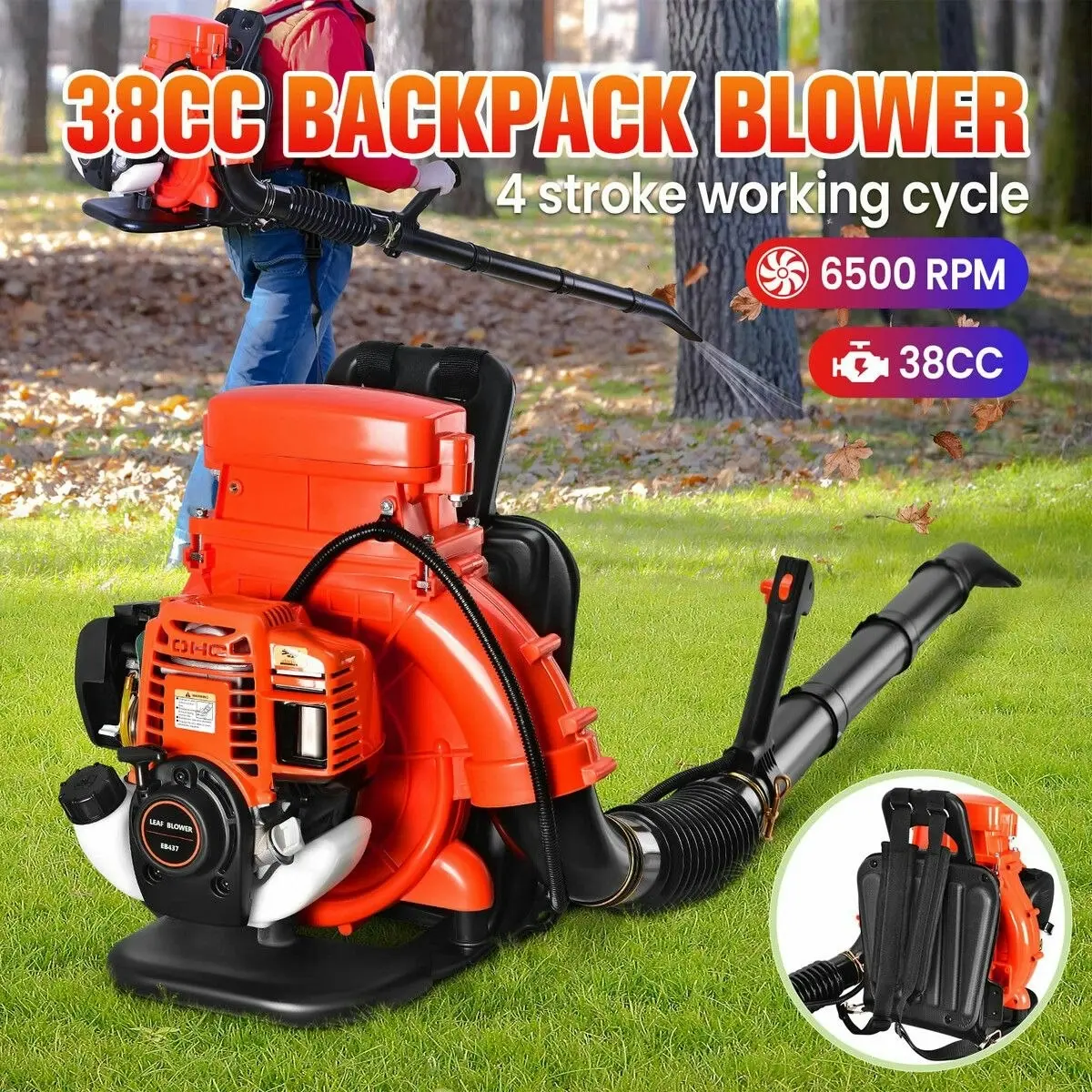 Ausway Petrol Leaf Blower Backpack 4 Stroke 38CC Cordless Grass Garden Lawn Yard Dust Debris Blowing Machine