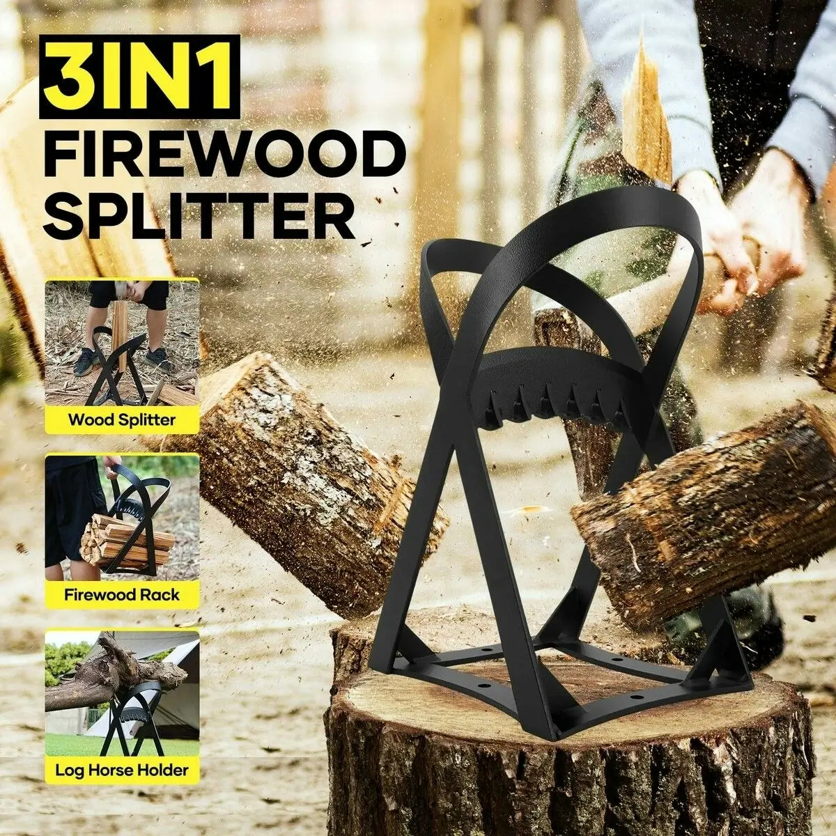 Ausway Firewood Splitter 3-in-1 Manual Log Horse Wood Splitting Cutter Holder Rack Oven Fireplace BBQ Camping Tool Outdoor Steel