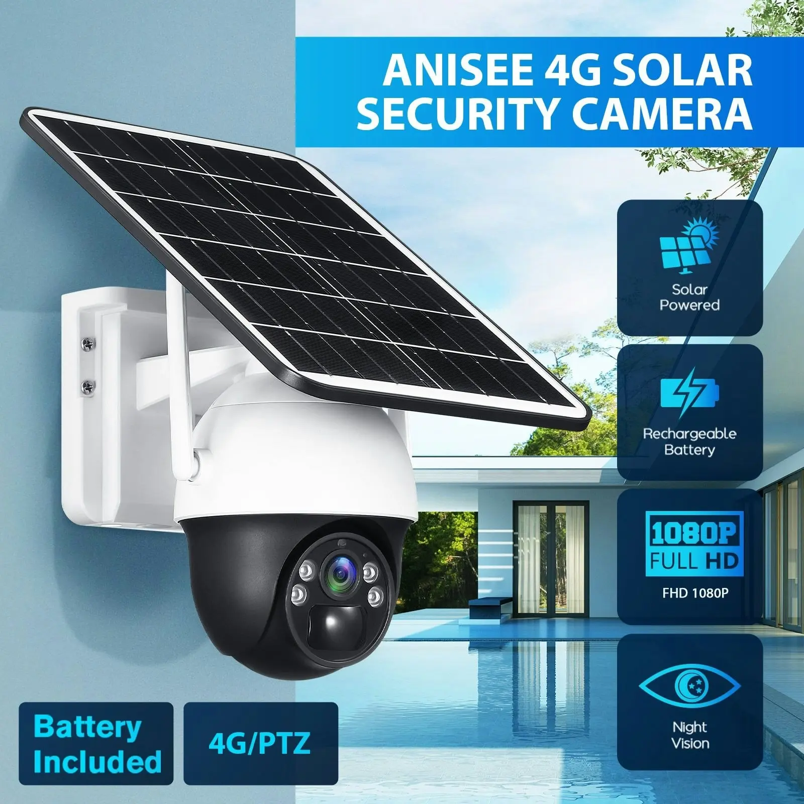 Ausway 4G Solar Security Camera Wireless Outdoor CCTV Home Surveillance System with Battery Remote Control