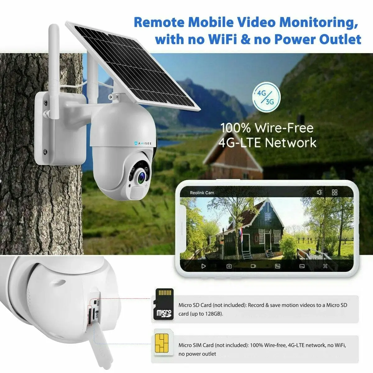 Ausway 4G LTE Security Camera Home House CCTV Wireless Solar WiFi Surveillance System Outdoor PTZ SIM Card Batteries