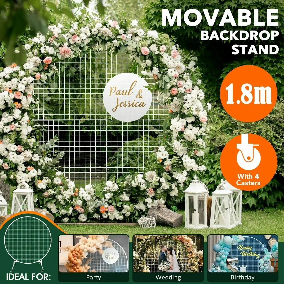 Ausway Wedding Party Backdrop Stand with Wheels Movable Round Hoop Arch Mesh Photo Balloon Flower Display Circle Metal Frame 1.8M