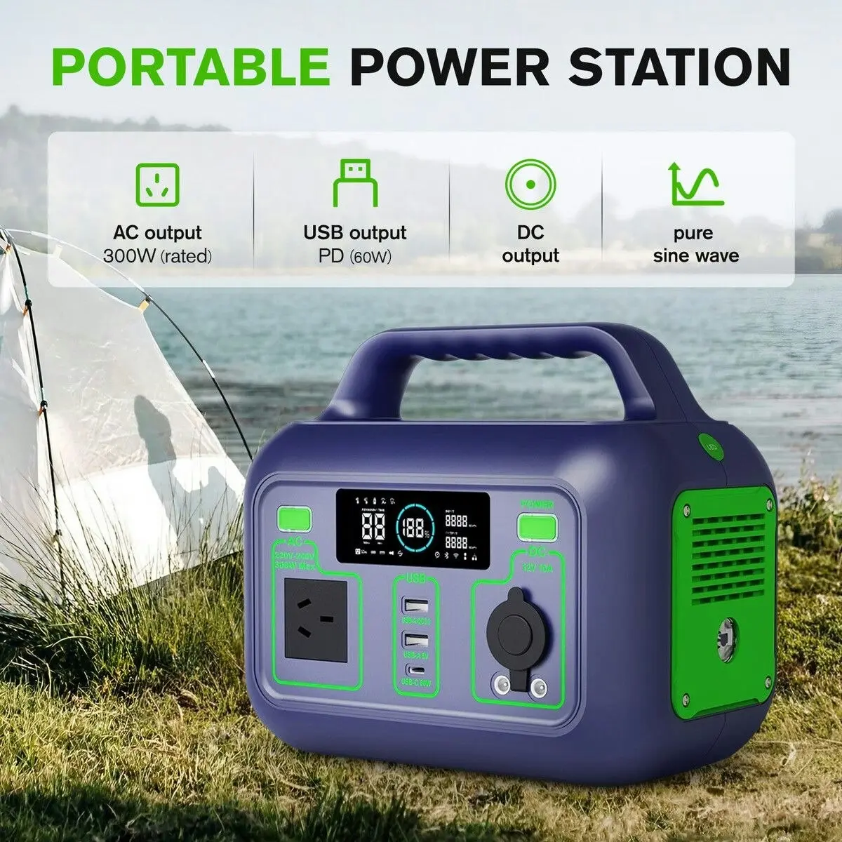 Ausway Solar Generator Portable Power Station Supply Source Backup Lithium Battery LED Light for Home Camping Emergency 300W PD60W