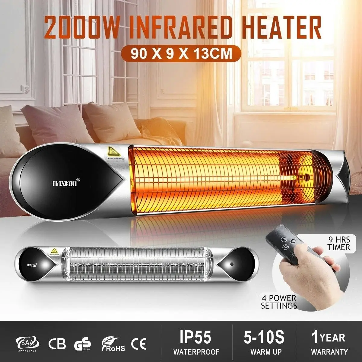 Maxkon New  2000W Carbon Fibre Infrared Heater Instant Heat Outdoor Patio Strip Heater Remote Control