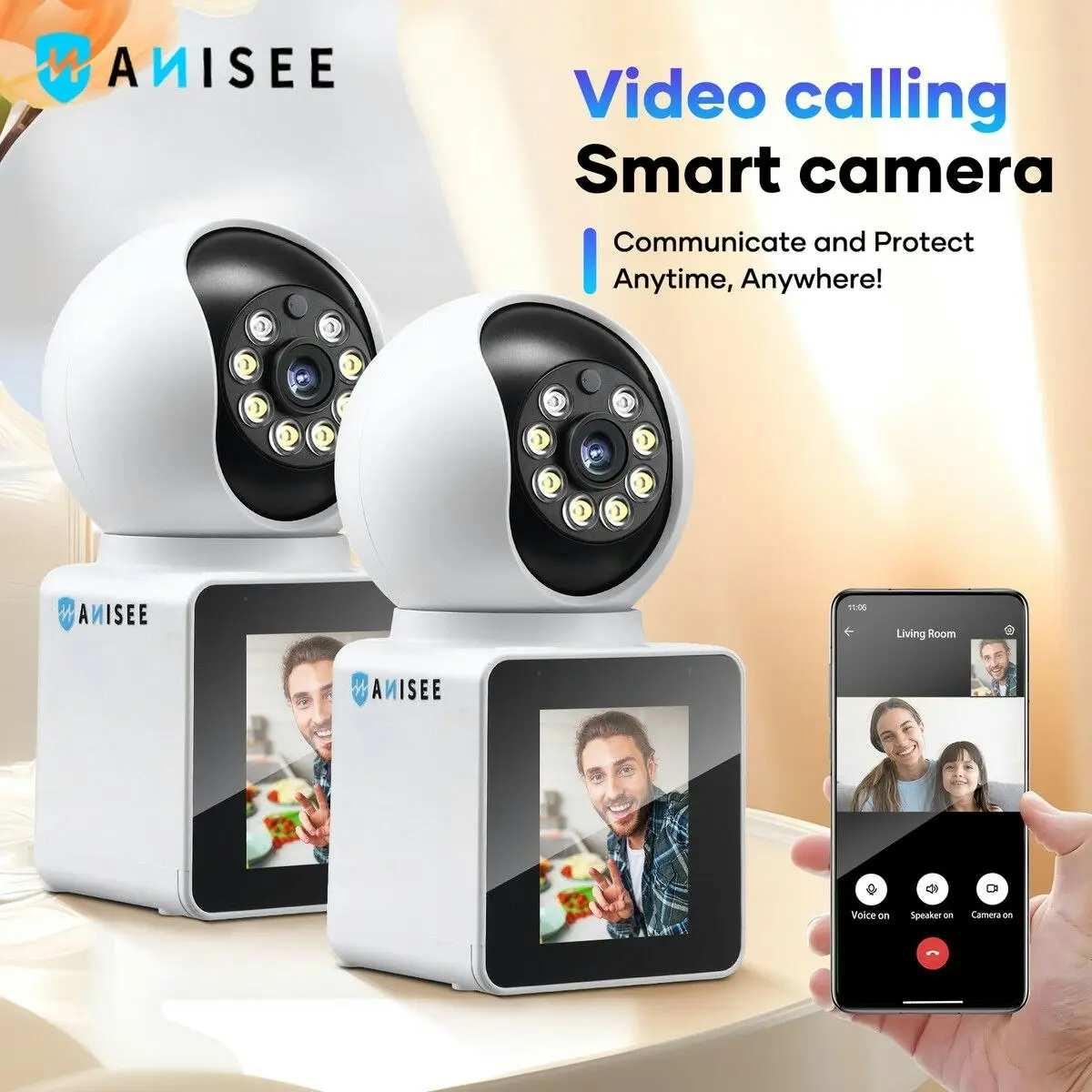 Anisee WiFi Security Camerax2 Baby Home Cam Wireless Surveillance Motion Detection 2K 3MP 2 Way Video Pet Smart Indoor Desktop Monitor