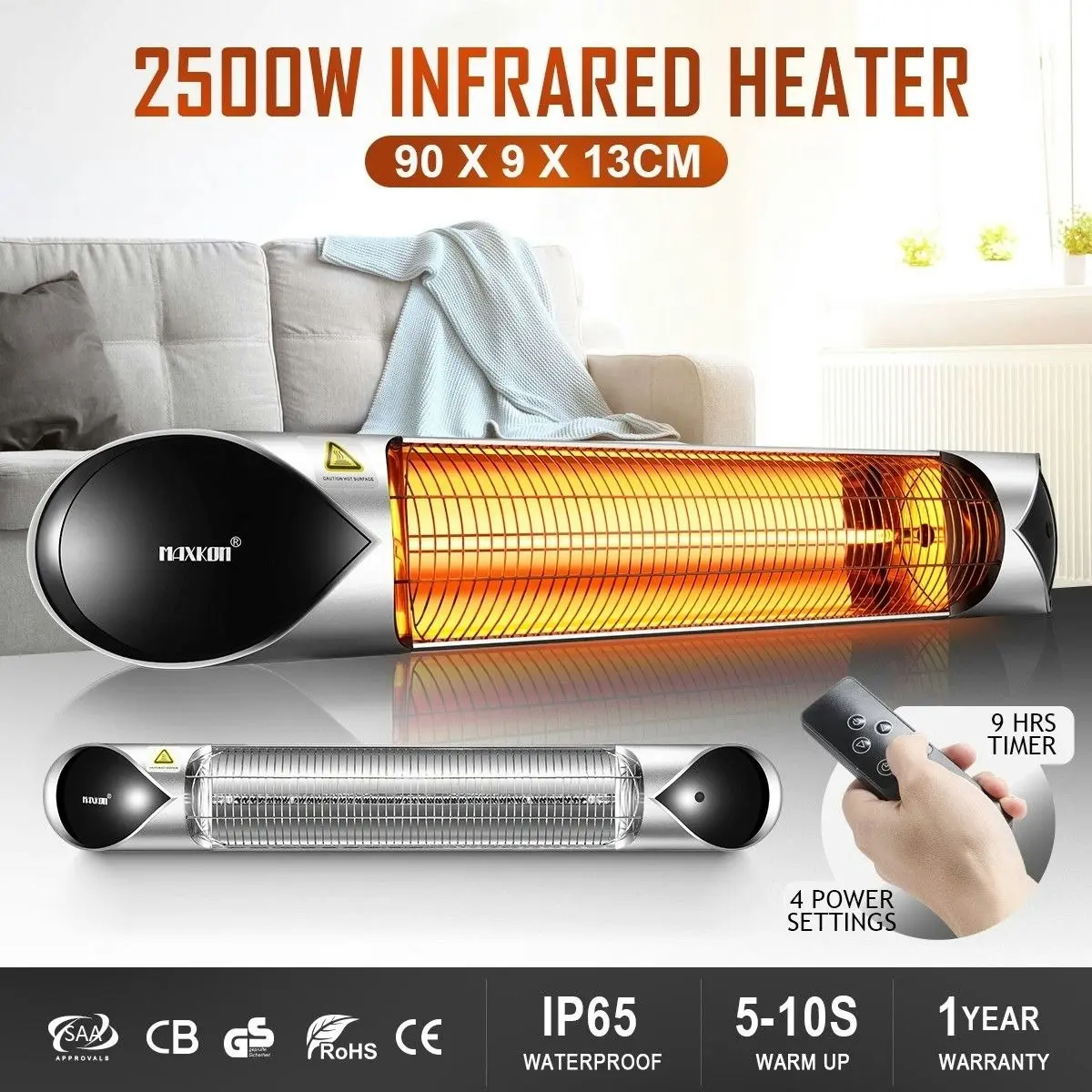 Maxkon New  2500W Carbon Fibre Infrared Heater Instant Heat Outdoor Patio Strip Heater Remote Control