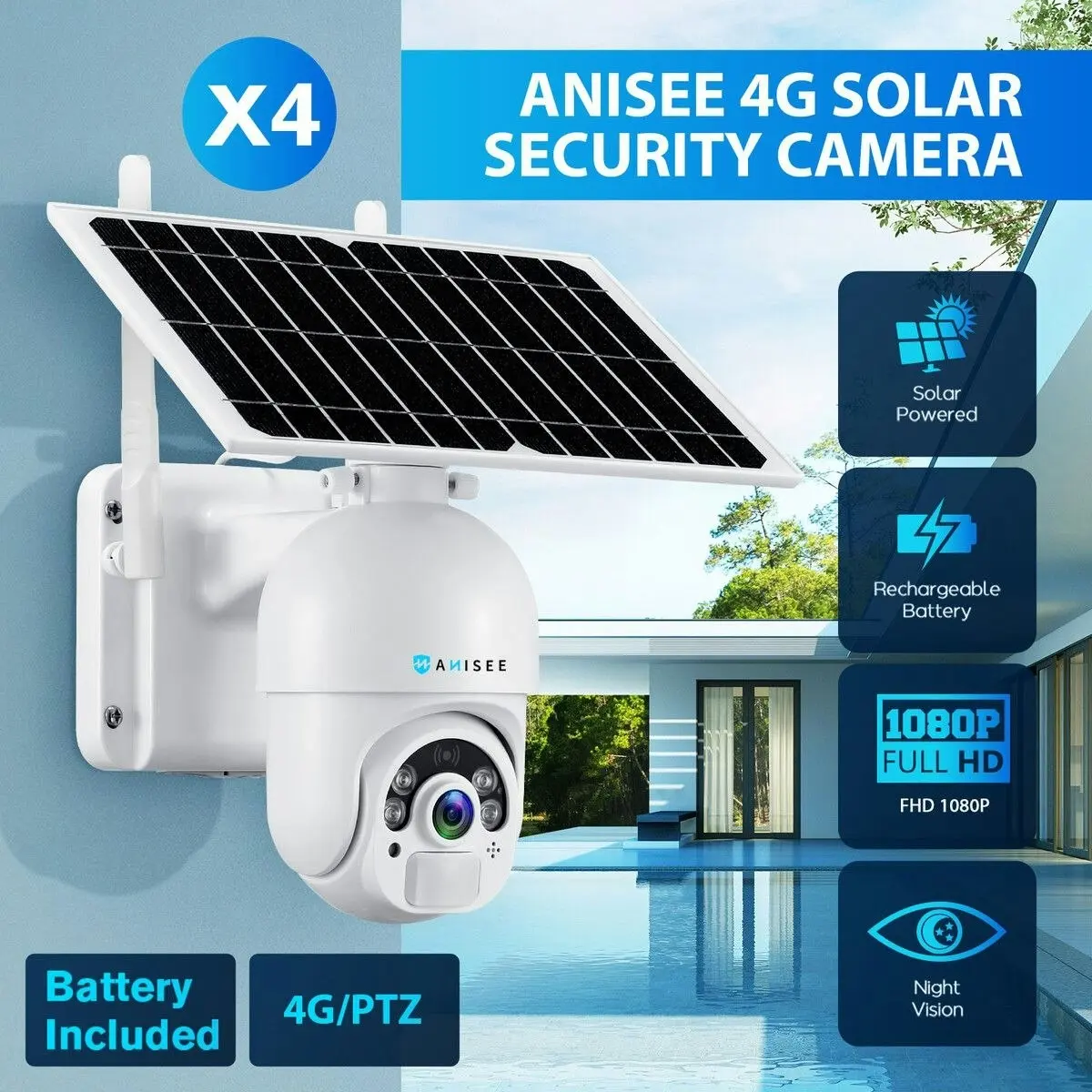 Ausway 4G LTE Security Camerax4 Home House CCTV Spy Wireless Solar WiFi Surveillance System Outdoor PTZ SIM Card Batteries