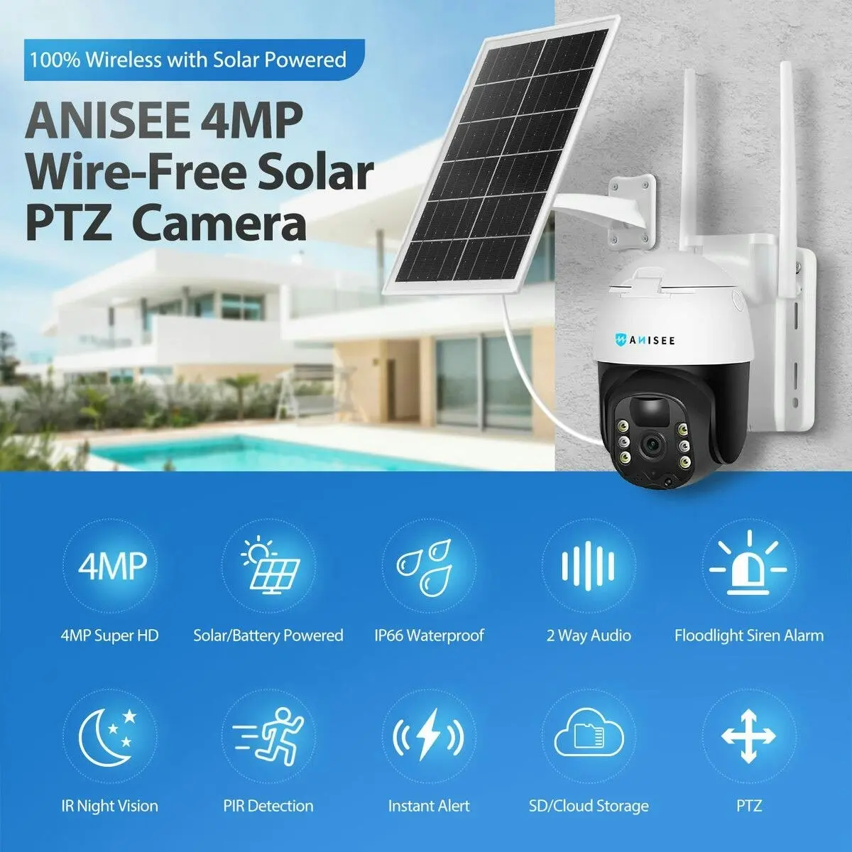 Anisee Solar Security Camerax4 Wireless Outdoor CCTV WiFi Home Surveillance System 4MP PTZ Remote 2 Way Audio Color Night Vision