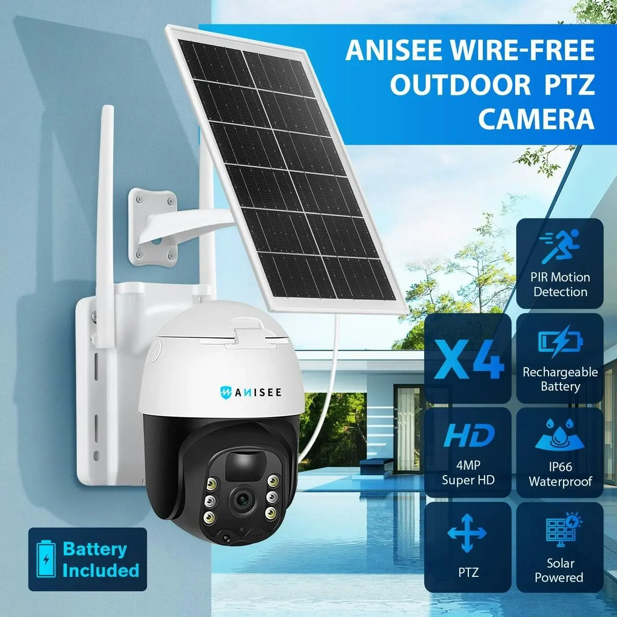 Anisee Solar Security Camerax4 Wireless Outdoor CCTV WiFi Home Surveillance System 4MP PTZ Remote 2 Way Audio Color Night Vision