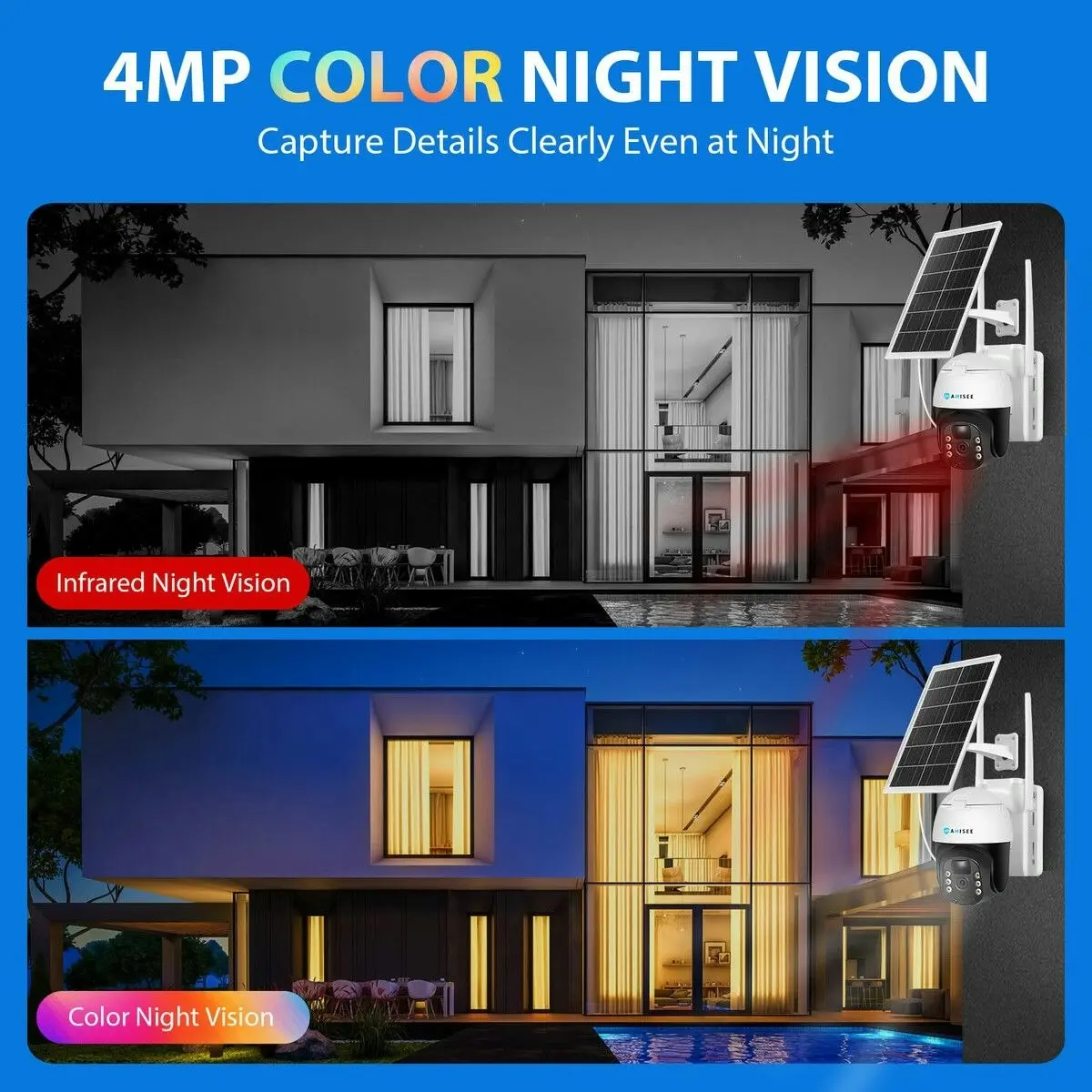 Anisee Solar Security Camerax4 Wireless Outdoor CCTV WiFi Home Surveillance System 4MP PTZ Remote 2 Way Audio Color Night Vision