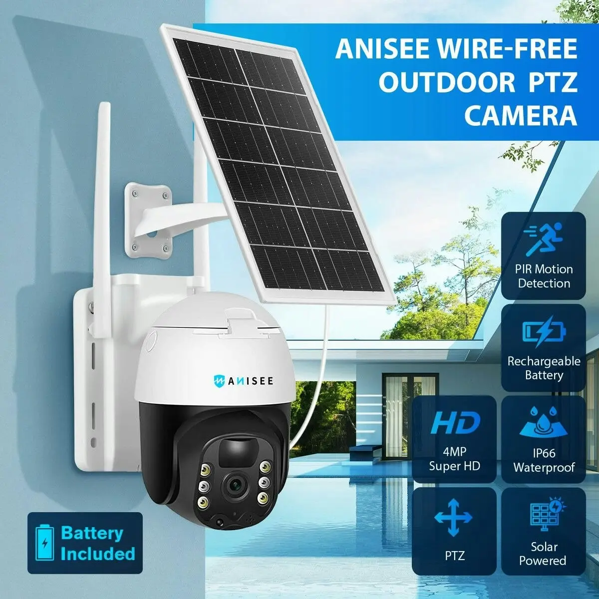 Anisee Solar Security Camera Wireless Outdoor CCTV WiFi Home Surveillance System 4MP PTZ Remote 2 Way Audio Color Night Vision