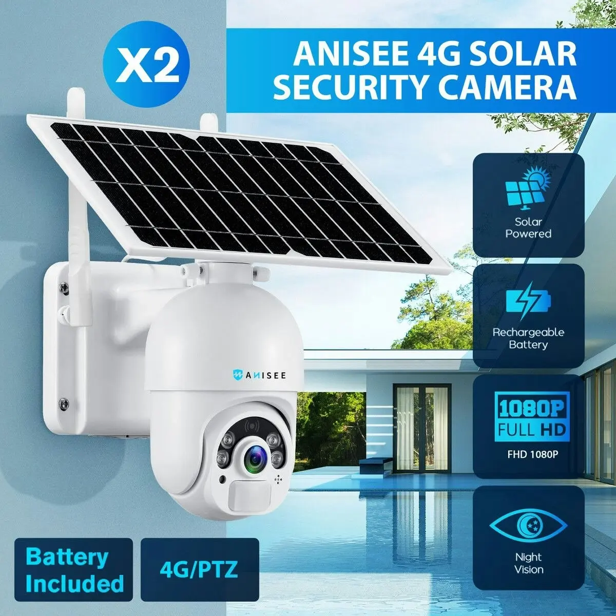 Ausway 4G LTE Security Camerax2 Home House CCTV Spy Wireless Solar WiFi Surveillance System Outdoor PTZ SIM Card Batteries