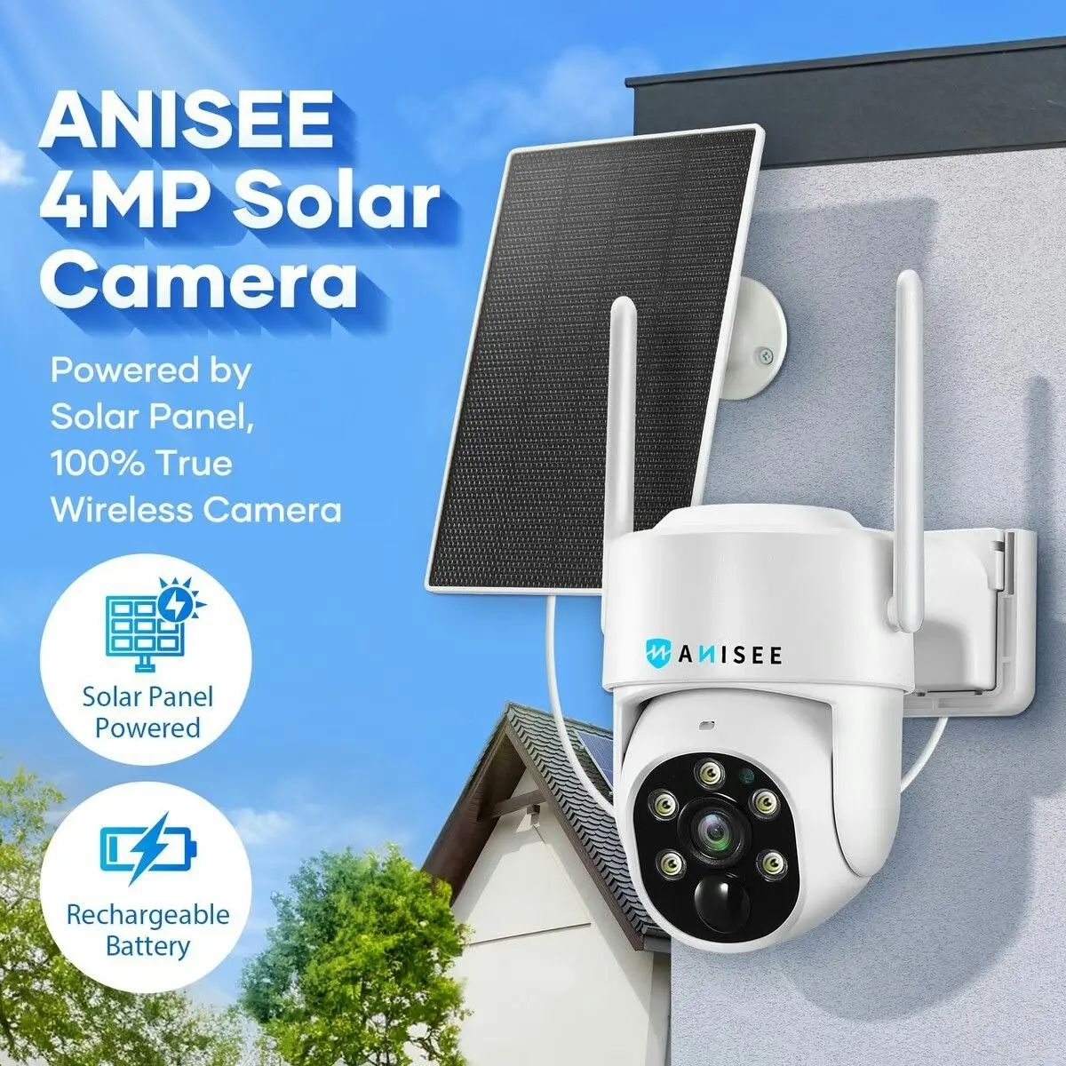 Anisee WiFi Security Camera CCTV Set Solar Wireless Home PTZ Outdoor Surveillance System 4MP Spy Waterproof Remote Channel