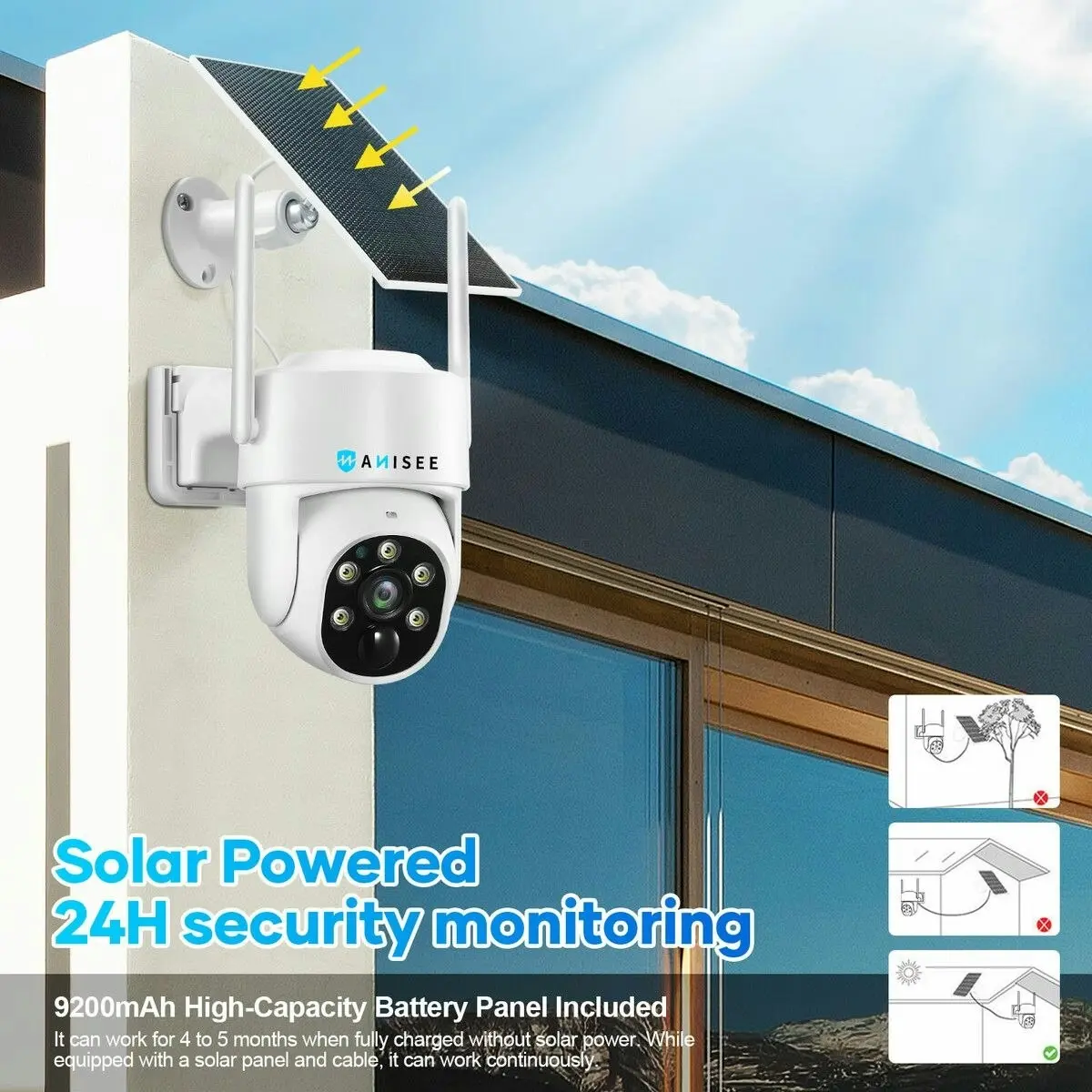 Anisee WiFi Security Camera CCTV Set Solar Wireless Home PTZ Outdoor Surveillance System 4MP Spy Waterproof Remote Channel