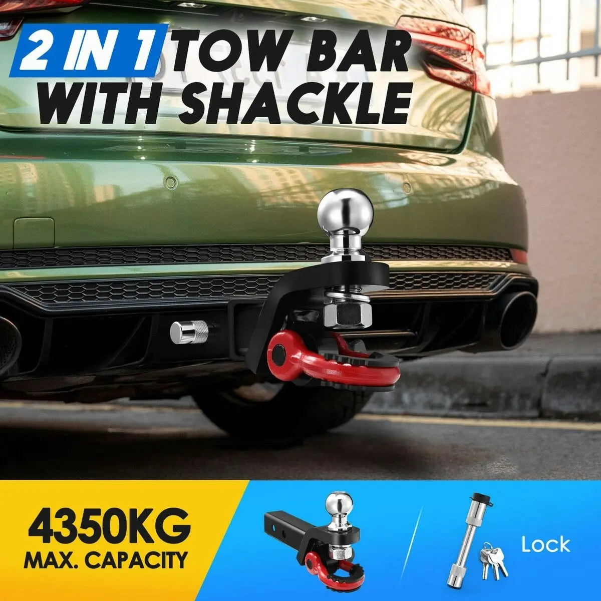 Ausway 2 in 1 Tow Bar Car Caravan Boat Vehicle Heavy Duty Towing Ball Mount Tongue Shackle Trailer Hitch Receiver 4350kg 4WD