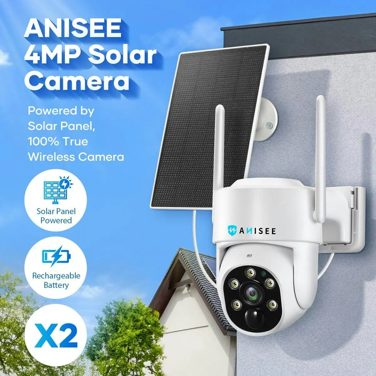 Anisee WiFi Security Camerax2 CCTV Set Solar Wireless Home PTZ Outdoor Surveillance System 4MP Spy Waterproof Remote Channel