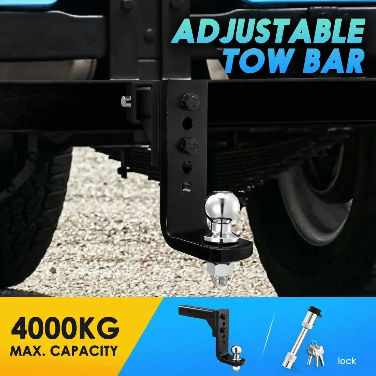 Ausway Adjustable Tow Bar Heavy Duty Car Caravan Vehicle Boat Drop Towing Ball Mount Tongue Trailer Hitch Receiver 4000kg 4WD