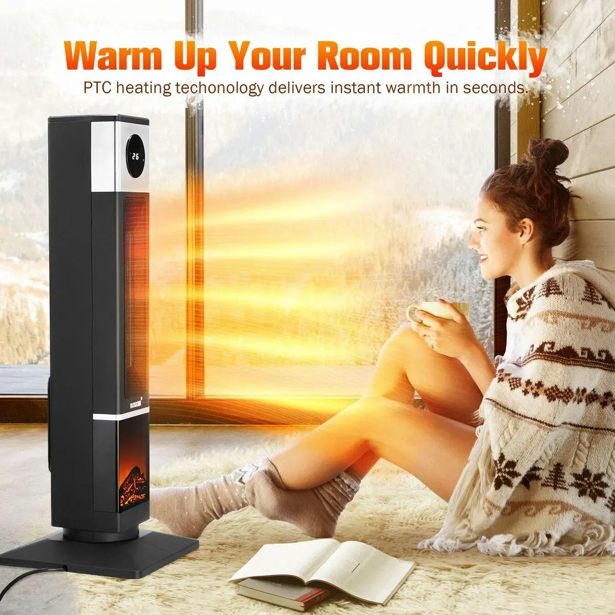 Maxkon 2000W Electric Heater Tower Energy Efficient Space Portable Indoor Fireplace Instant Warmer Oscillating Cooling Fan Bedroom Remote