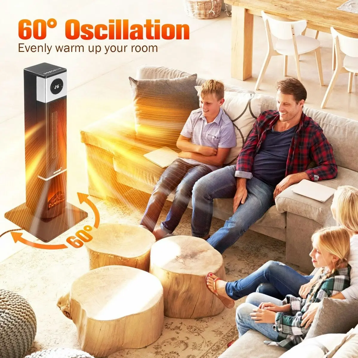 Maxkon 2000W Electric Heater Tower Energy Efficient Space Portable Indoor Fireplace Instant Warmer Oscillating Cooling Fan Bedroom Remote