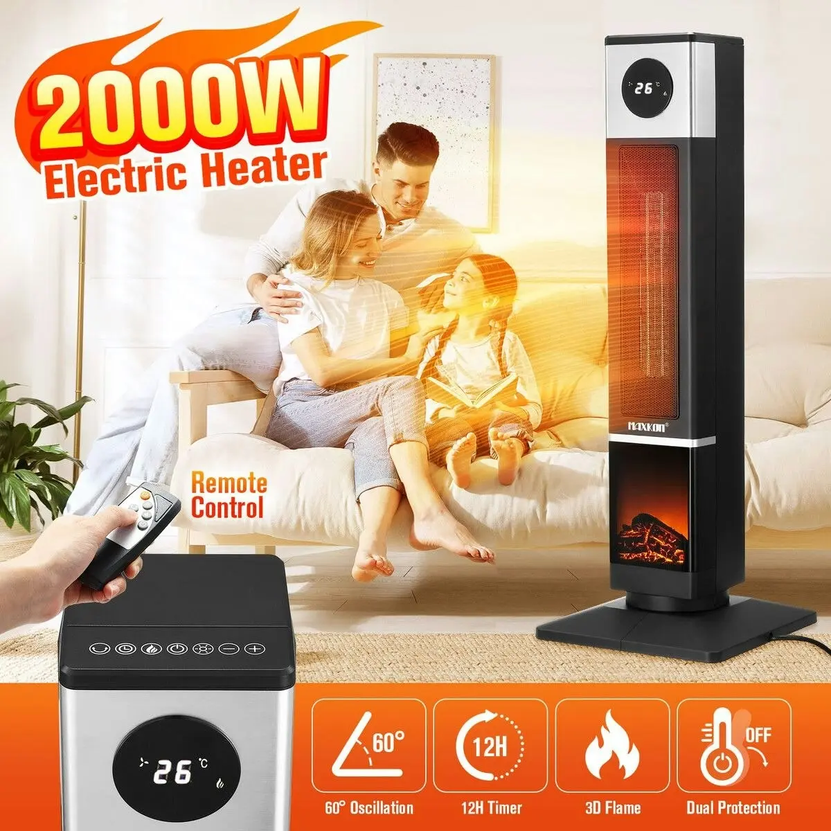 Maxkon 2000W Electric Heater Tower Energy Efficient Space Portable Indoor Fireplace Instant Warmer Oscillating Cooling Fan Bedroom Remote