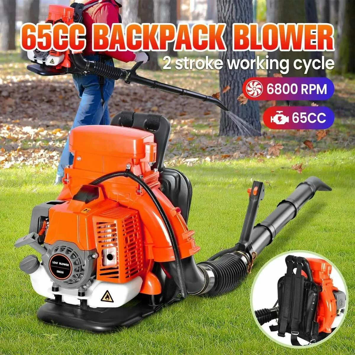 Ausway Petrol Leaf Blower Backpack 2 Stroke 65CC Single Cylinder Cordless Garden Lawn Yard Snow Dust Sand Blowing Machine