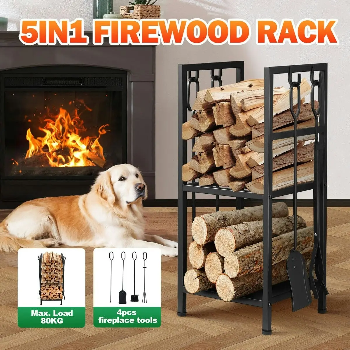 Ausway Fire Place Tool Kit 5in1 Firewood Storage Rack Firepit Wood Holder Campfire Metal Stove Log Carrier Stand