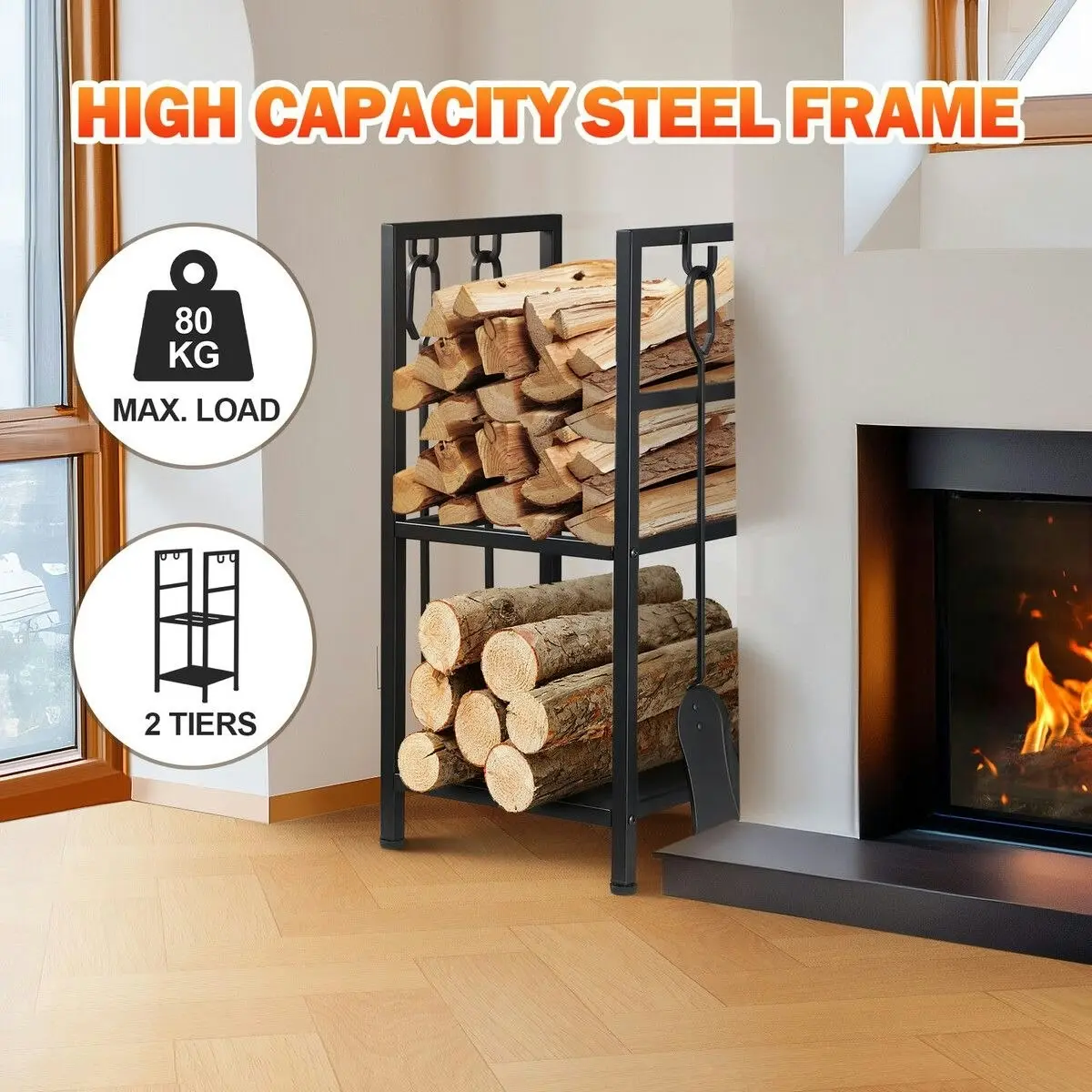 Ausway Fire Place Tool Kit 5in1 Firewood Storage Rack Firepit Wood Holder Campfire Metal Stove Log Carrier Stand