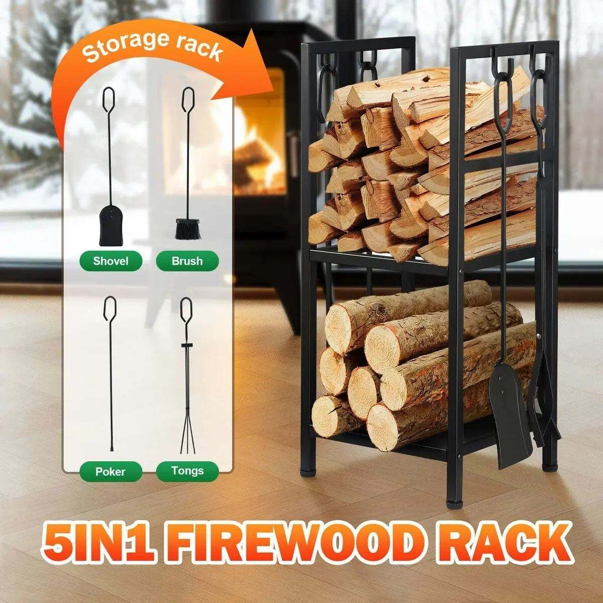 Ausway Fire Place Tool Kit 5in1 Firewood Storage Rack Firepit Wood Holder Campfire Metal Stove Log Carrier Stand