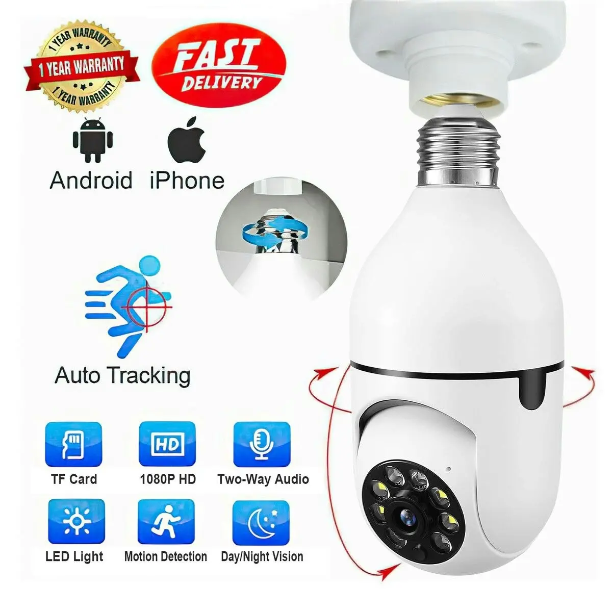 Anisee WiFi IP Camerax4 Wireless Spy Home Security CCTV Surveillance System E27 Light Bulb Outdoor PTZ IR Night Vision 2 Way Audio Full HD 1080P 2MP